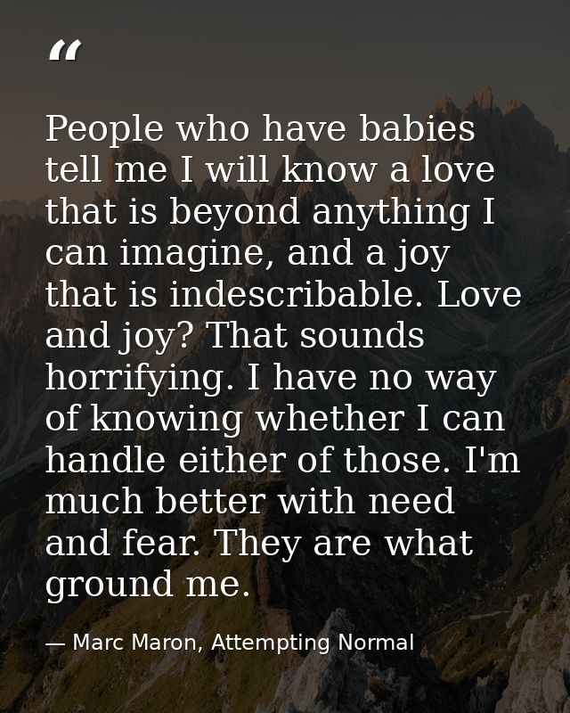 People who have babies tell me I will know a love that is beyond anything I can imagine, and a joy that is indescribable — Marc Maron, Attempting Normal