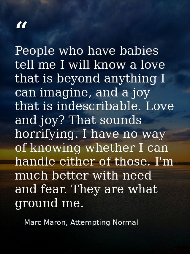 People who have babies tell me I will know a love that is beyond anything I can imagine, and a joy that is indescribable — Marc Maron, Attempting Normal