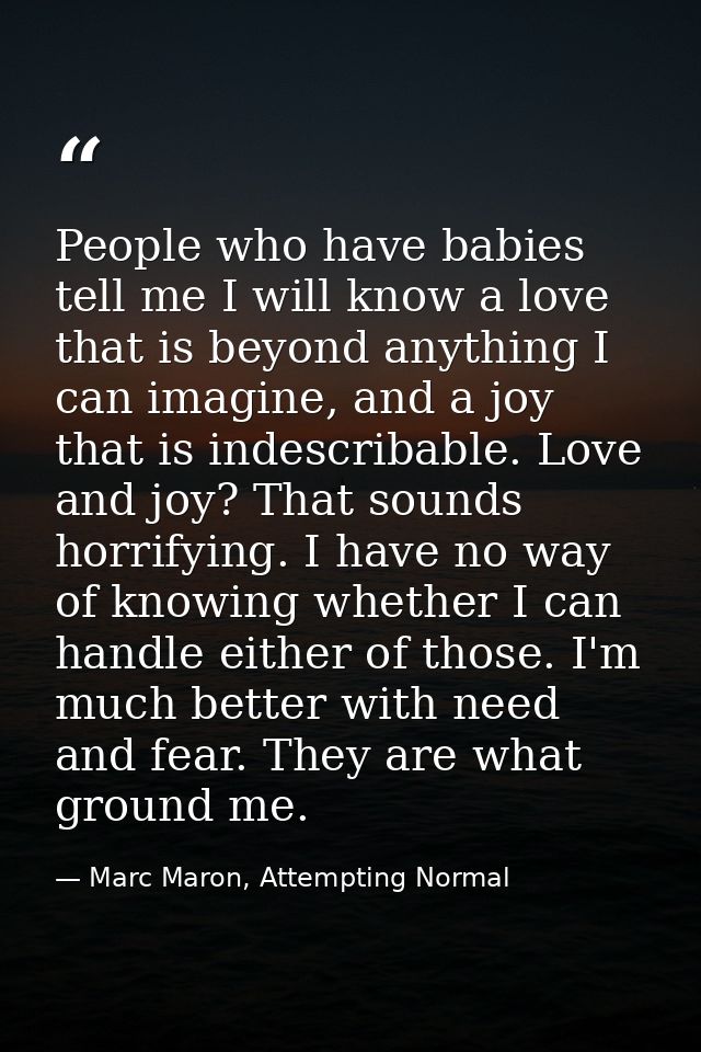 People who have babies tell me I will know a love that is beyond anything I can imagine, and a joy that is indescribable — Marc Maron, Attempting Normal