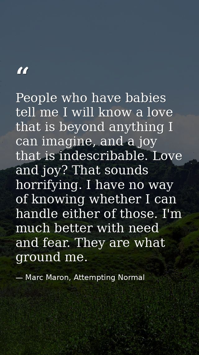 People who have babies tell me I will know a love that is beyond anything I can imagine, and a joy that is indescribable — Marc Maron, Attempting Normal