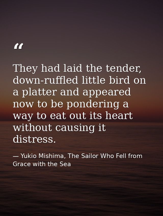 They had laid the tender, down-ruffled little bird on a platter and appeared now to be pondering a way to eat out its he — Yukio Mishima, The Sailor Who Fell from Grace with the Sea