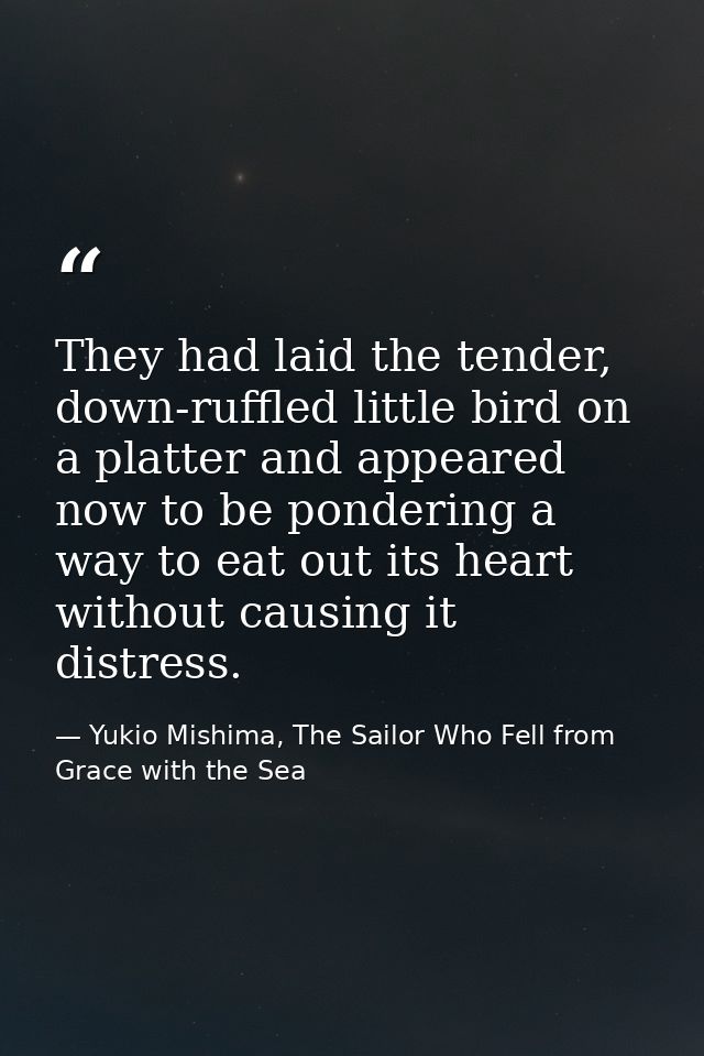 They had laid the tender, down-ruffled little bird on a platter and appeared now to be pondering a way to eat out its he — Yukio Mishima, The Sailor Who Fell from Grace with the Sea