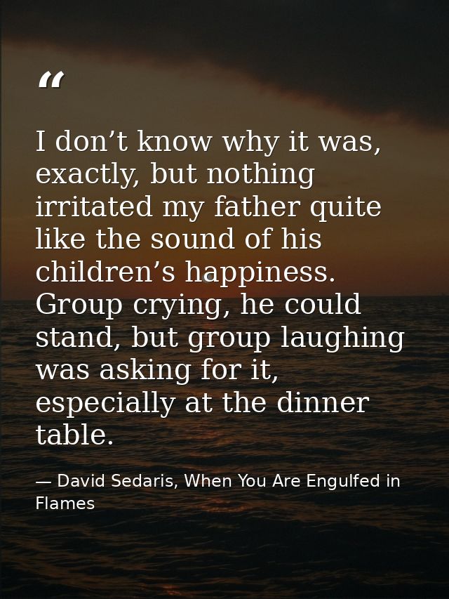 I don’t know why it was, exactly, but nothing irritated my father quite like the sound of his children’s happiness. Grou — David Sedaris, When You Are Engulfed in Flames