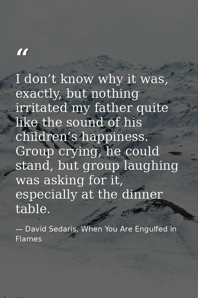 I don’t know why it was, exactly, but nothing irritated my father quite like the sound of his children’s happiness. Grou — David Sedaris, When You Are Engulfed in Flames