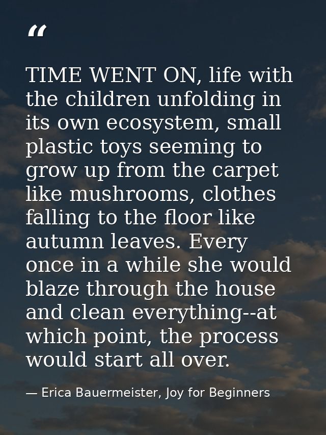 TIME WENT ON, life with the children unfolding in its own ecosystem, small plastic toys seeming to grow up from the carp — Erica Bauermeister, Joy for Beginners