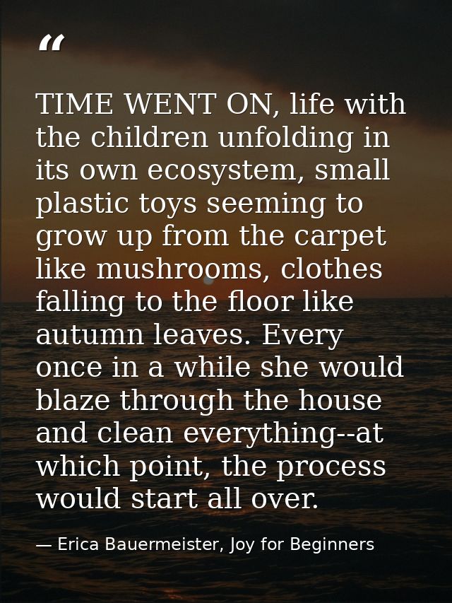 TIME WENT ON, life with the children unfolding in its own ecosystem, small plastic toys seeming to grow up from the carp — Erica Bauermeister, Joy for Beginners