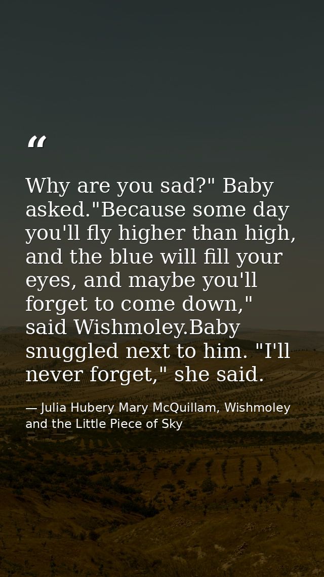 Why are you sad?" Baby asked."Because some day you'll fly higher than high, and the blue will fill your eyes, and maybe  — Julia Hubery Mary McQuillam, Wishmoley and the Little Piece of Sky