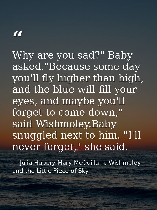 Why are you sad?" Baby asked."Because some day you'll fly higher than high, and the blue will fill your eyes, and maybe  — Julia Hubery Mary McQuillam, Wishmoley and the Little Piece of Sky
