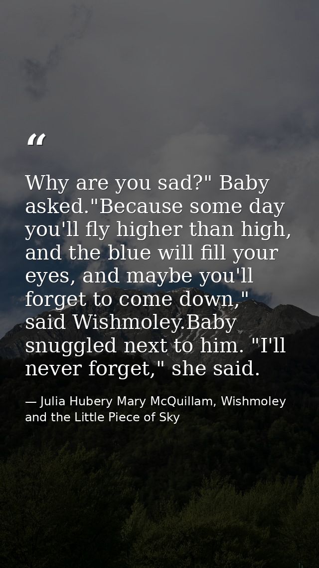 Why are you sad?" Baby asked."Because some day you'll fly higher than high, and the blue will fill your eyes, and maybe  — Julia Hubery Mary McQuillam, Wishmoley and the Little Piece of Sky
