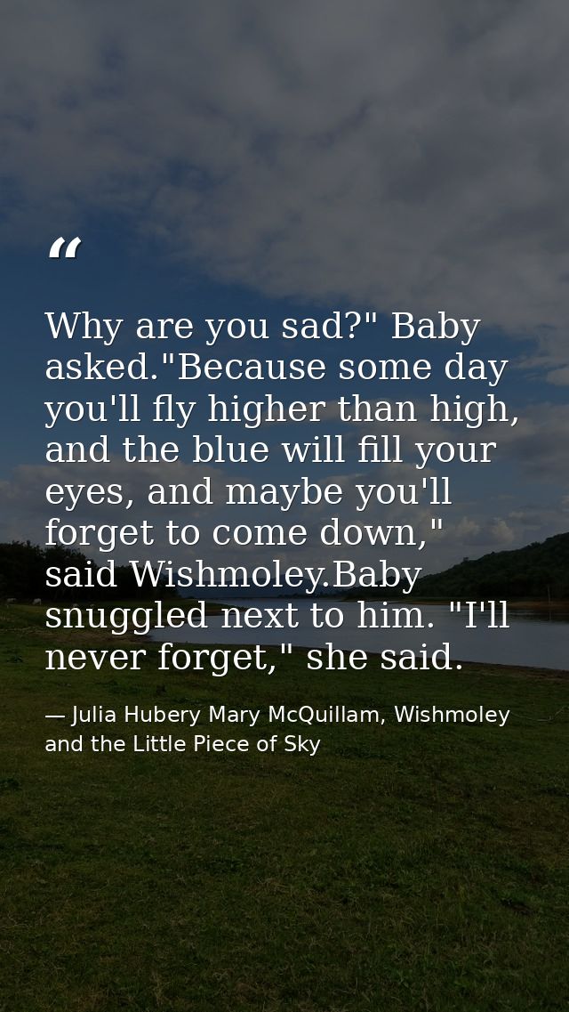 Why are you sad?" Baby asked."Because some day you'll fly higher than high, and the blue will fill your eyes, and maybe  — Julia Hubery Mary McQuillam, Wishmoley and the Little Piece of Sky