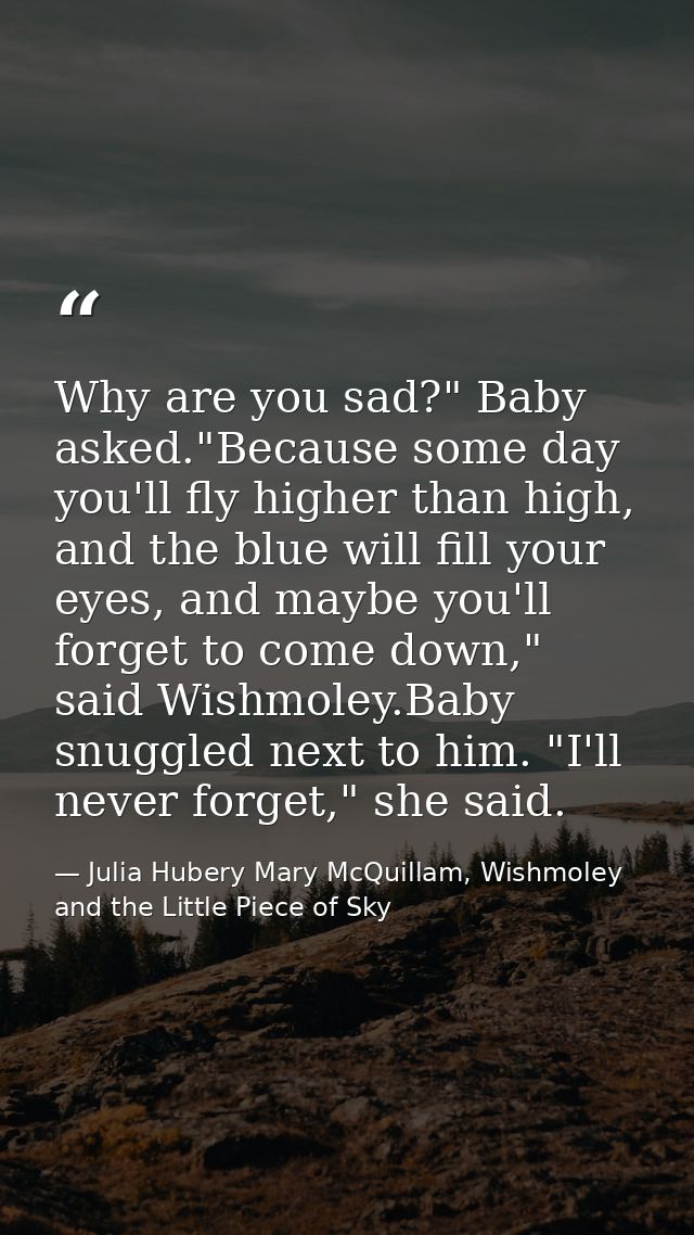 Why are you sad?" Baby asked."Because some day you'll fly higher than high, and the blue will fill your eyes, and maybe  — Julia Hubery Mary McQuillam, Wishmoley and the Little Piece of Sky