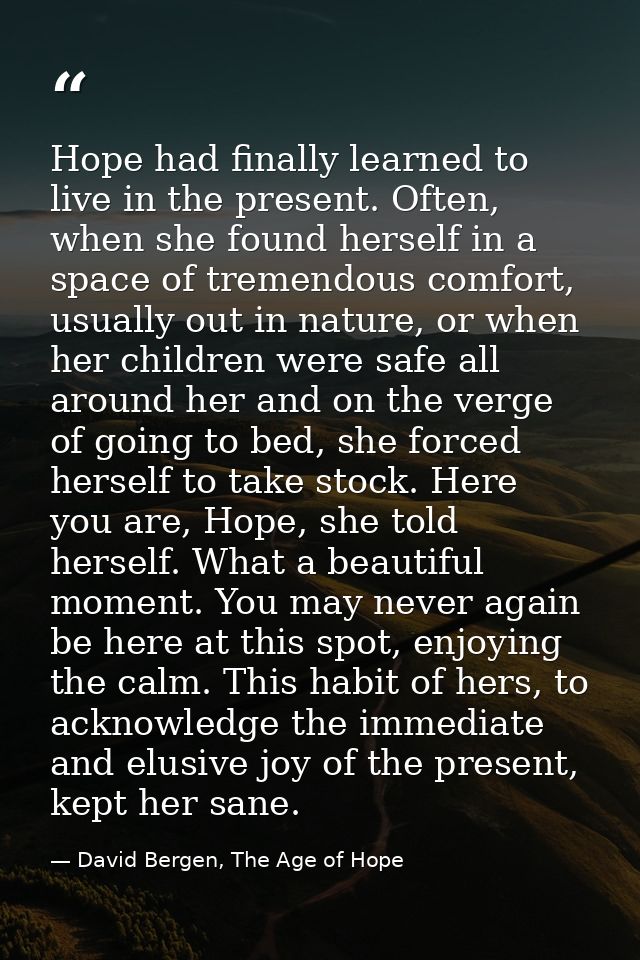 Hope had finally learned to live in the present. Often, when she found herself in a space of tremendous comfort, usually — David Bergen, The Age of Hope