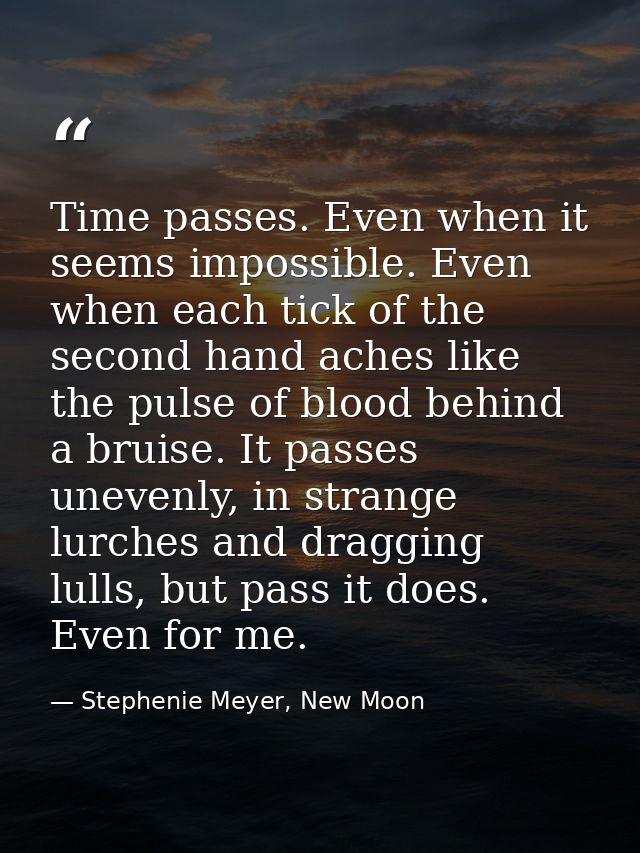 Time passes. Even when it seems impossible. Even when each tick of the second hand aches like the pulse of blood behind  — Stephenie Meyer, New Moon
