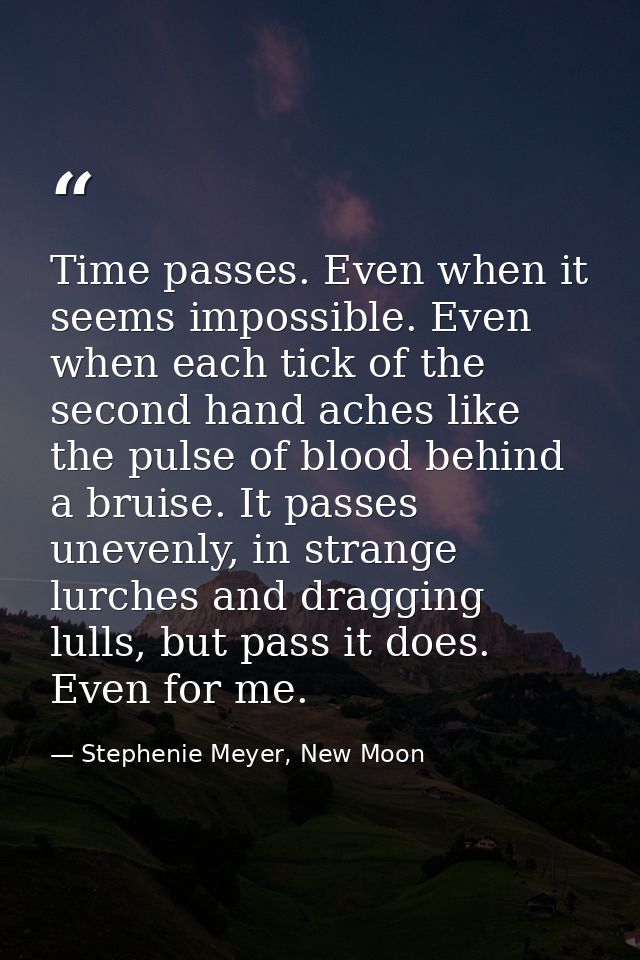 Time passes. Even when it seems impossible. Even when each tick of the second hand aches like the pulse of blood behind  — Stephenie Meyer, New Moon