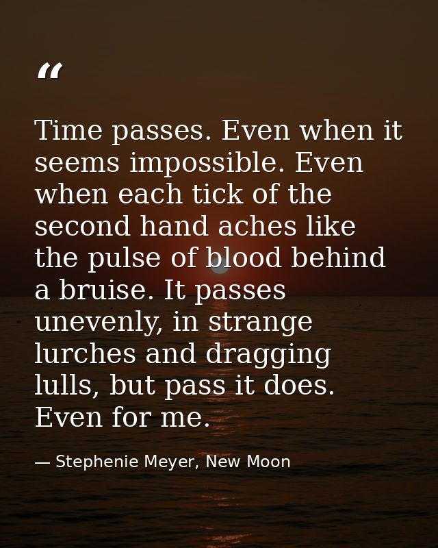 Time passes. Even when it seems impossible. Even when each tick of the second hand aches like the pulse of blood behind  — Stephenie Meyer, New Moon