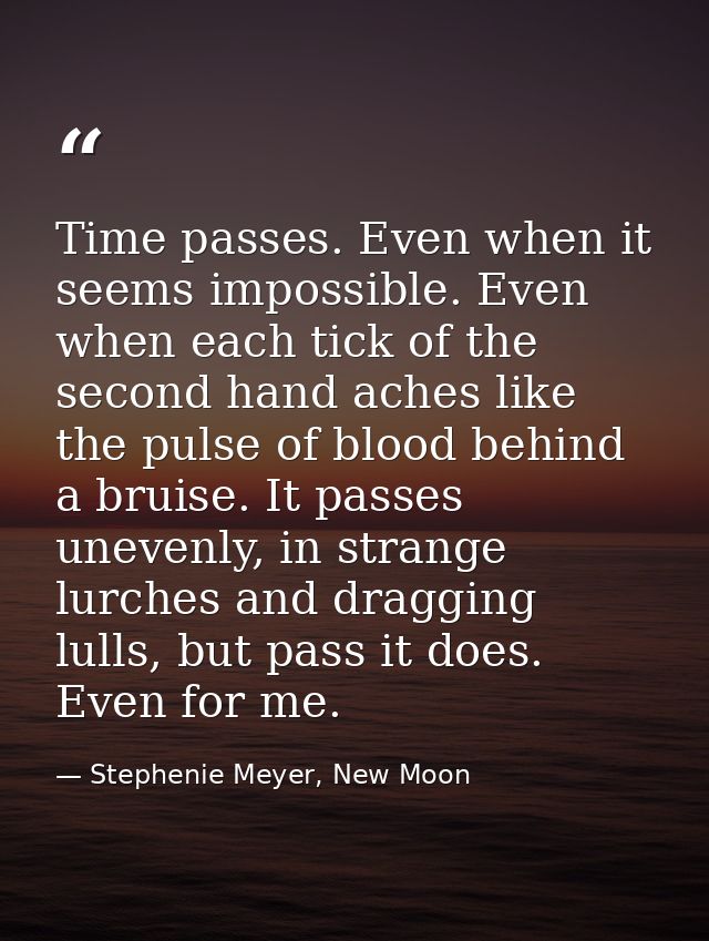 Time passes. Even when it seems impossible. Even when each tick of the second hand aches like the pulse of blood behind  — Stephenie Meyer, New Moon