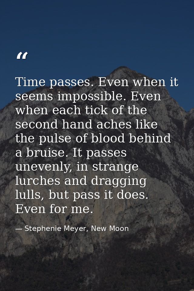 Time passes. Even when it seems impossible. Even when each tick of the second hand aches like the pulse of blood behind  — Stephenie Meyer, New Moon