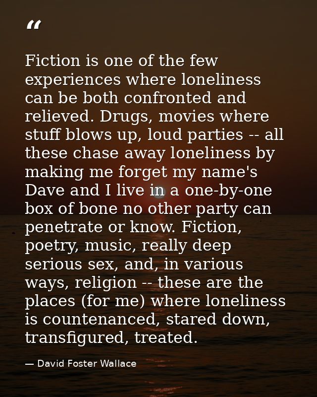 Fiction is one of the few experiences where loneliness can be both confronted and relieved. Drugs, movies where stuff bl — David Foster Wallace