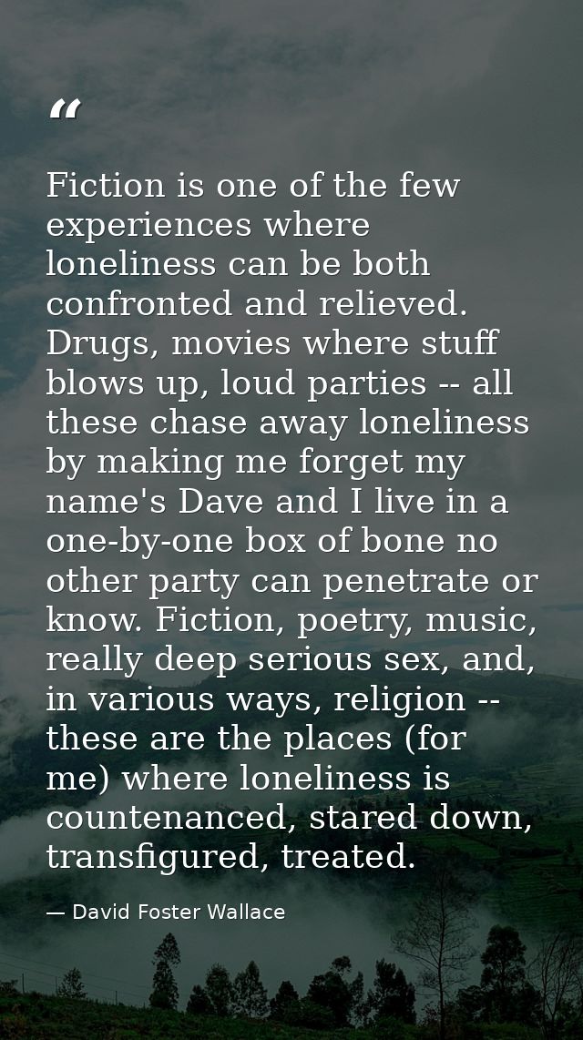 Fiction is one of the few experiences where loneliness can be both confronted and relieved. Drugs, movies where stuff bl — David Foster Wallace