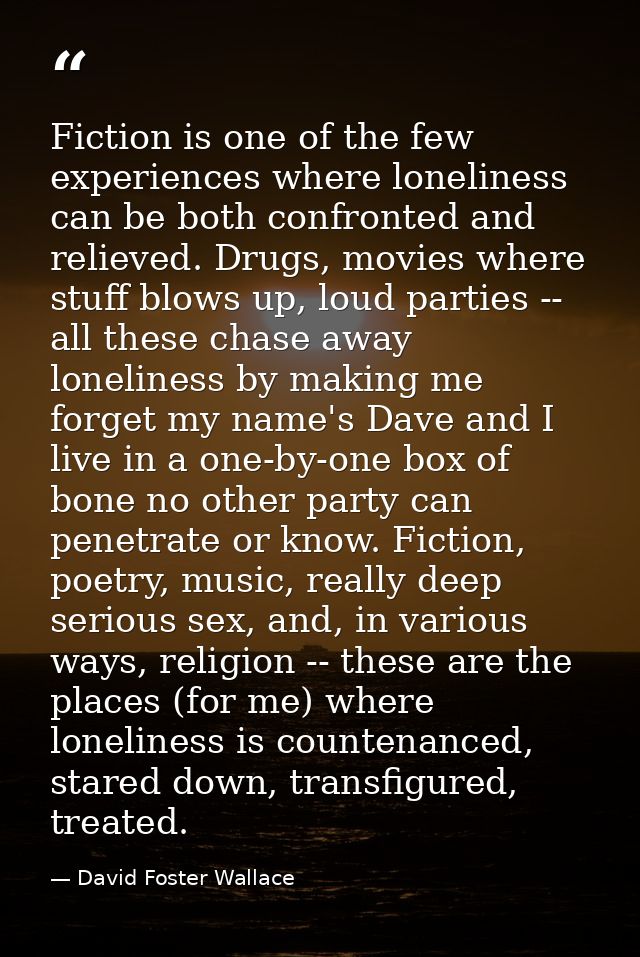 Fiction is one of the few experiences where loneliness can be both confronted and relieved. Drugs, movies where stuff bl — David Foster Wallace