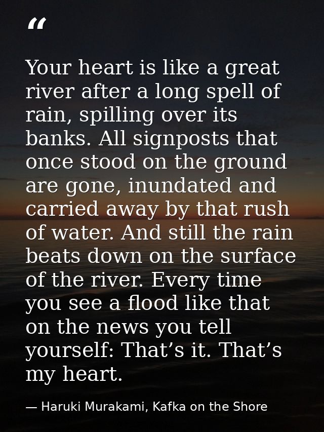 Your heart is like a great river after a long spell of rain, spilling over its banks. All signposts that once stood on t — Haruki Murakami, Kafka on the Shore
