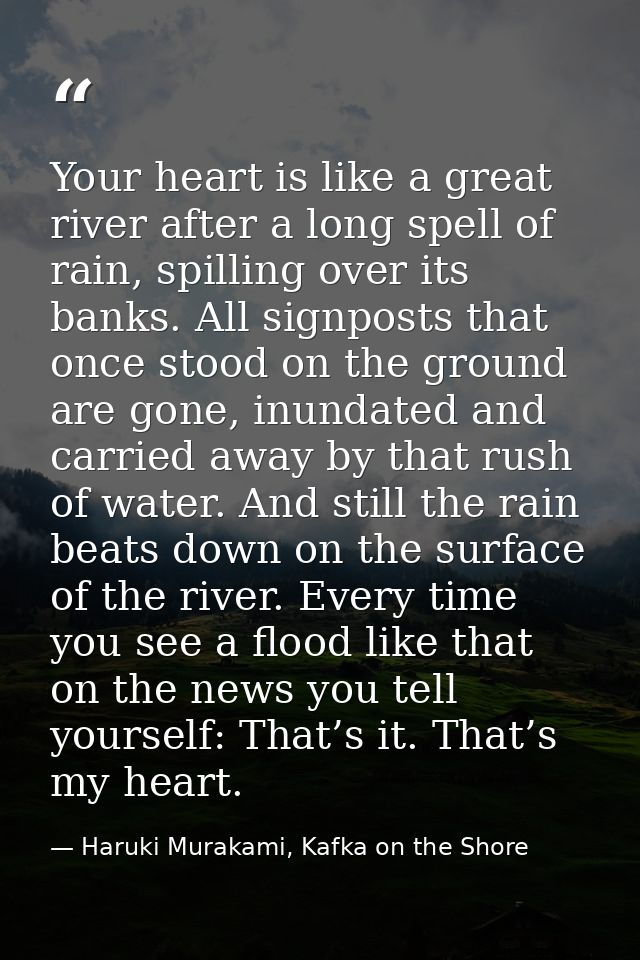 Your heart is like a great river after a long spell of rain, spilling over its banks. All signposts that once stood on t — Haruki Murakami, Kafka on the Shore