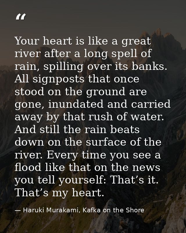 Your heart is like a great river after a long spell of rain, spilling over its banks. All signposts that once stood on t — Haruki Murakami, Kafka on the Shore