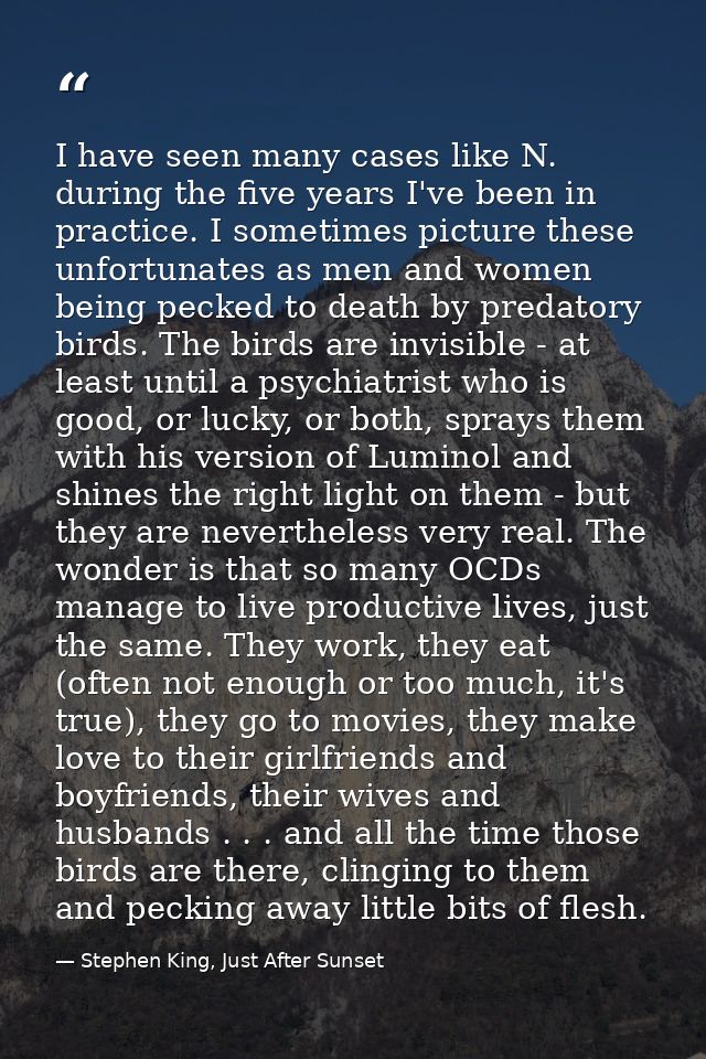 I have seen many cases like N. during the five years I've been in practice. I sometimes picture these unfortunates as me — Stephen King, Just After Sunset