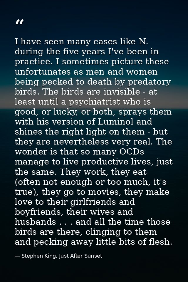 I have seen many cases like N. during the five years I've been in practice. I sometimes picture these unfortunates as me — Stephen King, Just After Sunset