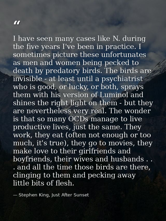 I have seen many cases like N. during the five years I've been in practice. I sometimes picture these unfortunates as me — Stephen King, Just After Sunset