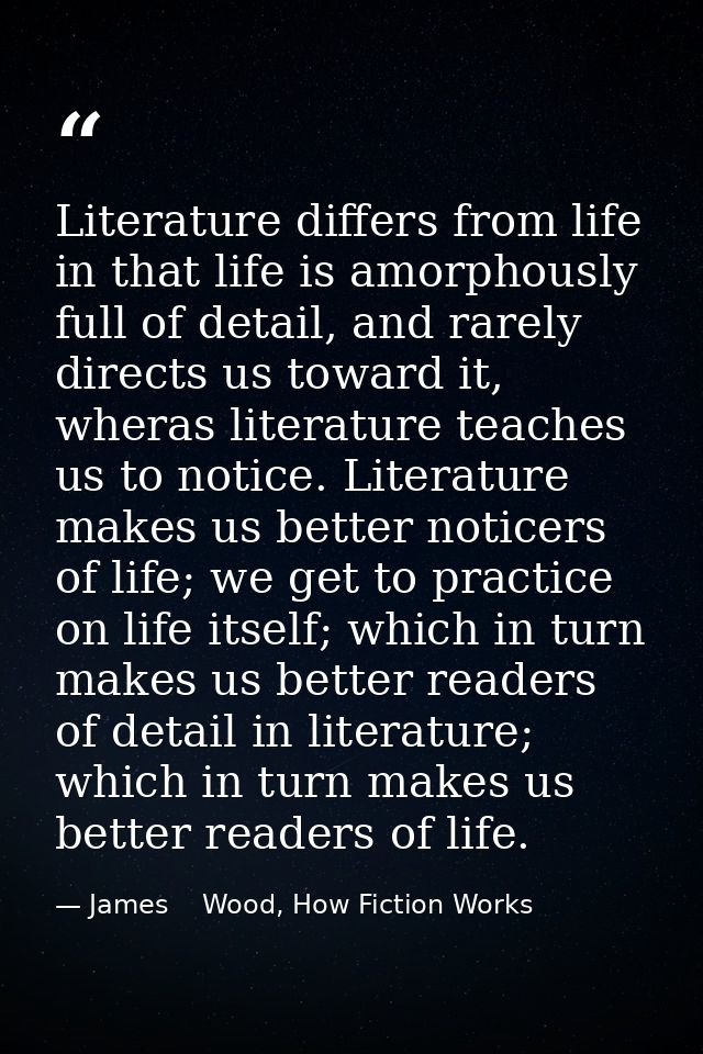 Literature differs from life in that life is amorphously full of detail, and rarely directs us toward it, wheras literat — James    Wood, How Fiction Works