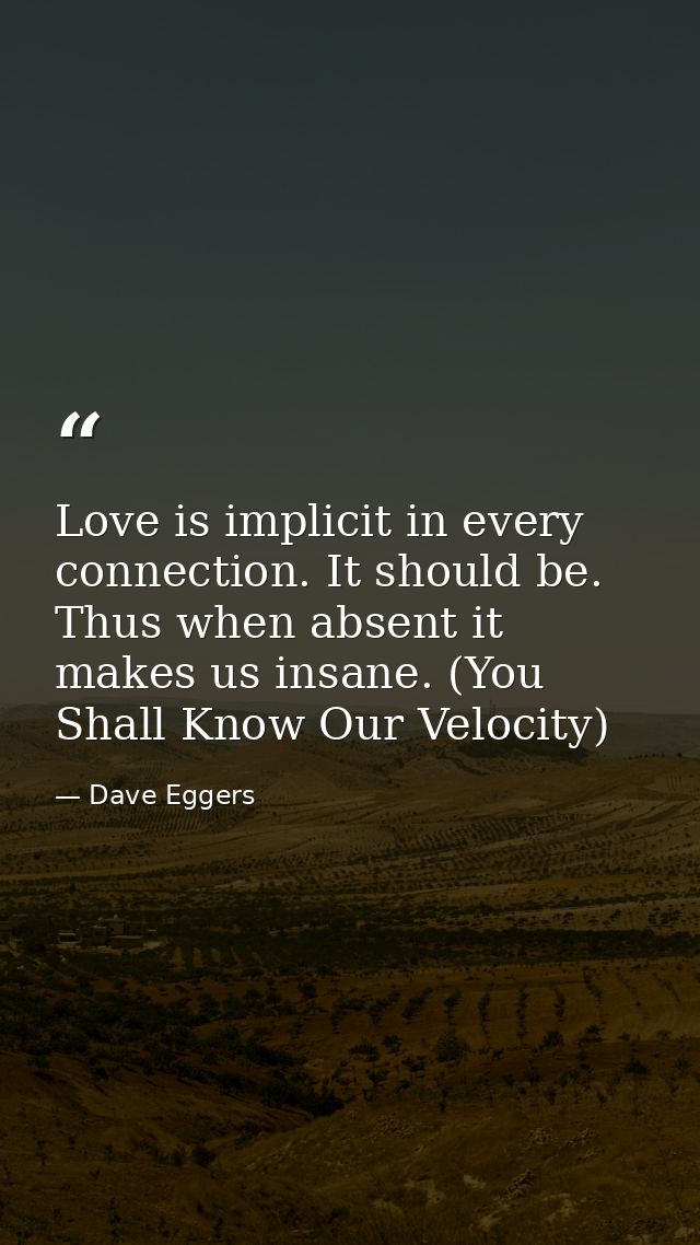 Love is implicit in every connection. It should be. Thus when absent it makes us insane. (You Shall Know Our Velocity) — Dave Eggers
