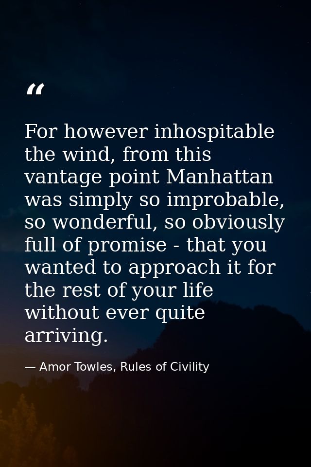 For however inhospitable the wind, from this vantage point Manhattan was simply so improbable, so wonderful, so obviousl — Amor Towles, Rules of Civility