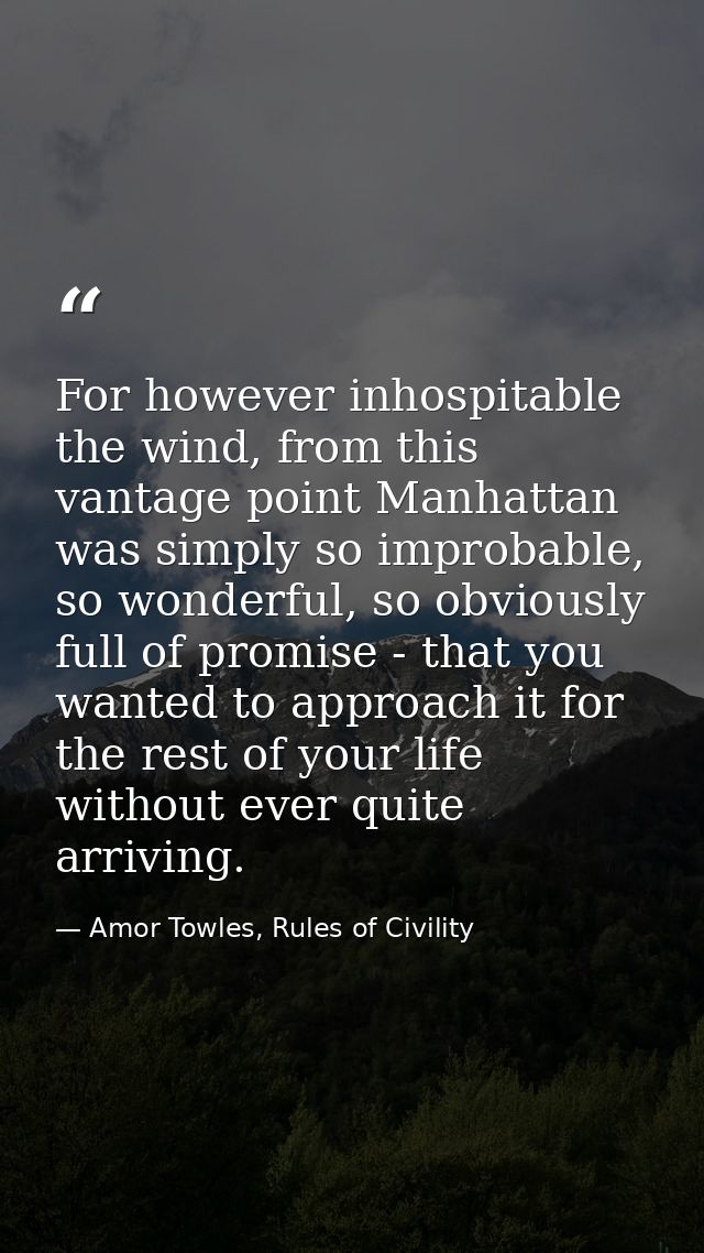 For however inhospitable the wind, from this vantage point Manhattan was simply so improbable, so wonderful, so obviousl — Amor Towles, Rules of Civility