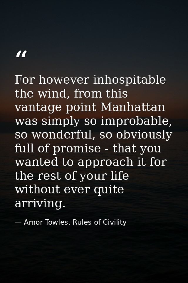 For however inhospitable the wind, from this vantage point Manhattan was simply so improbable, so wonderful, so obviousl — Amor Towles, Rules of Civility