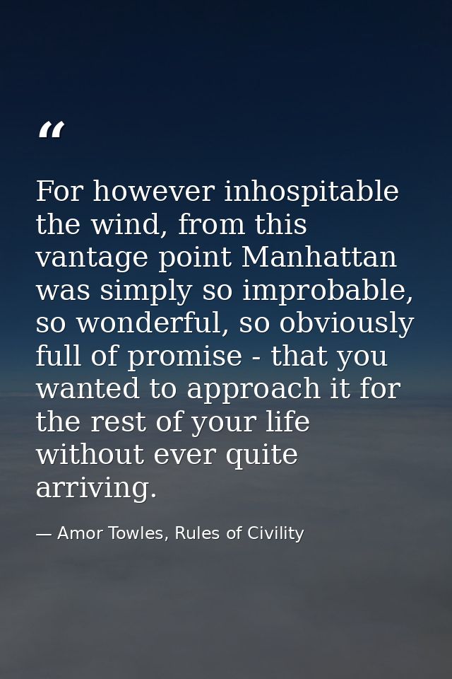 For however inhospitable the wind, from this vantage point Manhattan was simply so improbable, so wonderful, so obviousl — Amor Towles, Rules of Civility