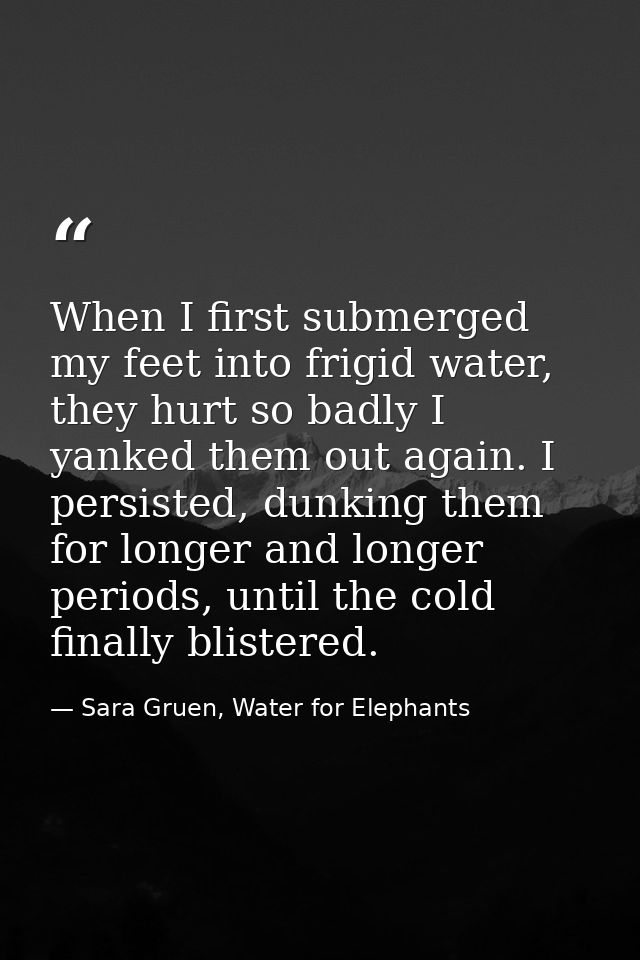When I first submerged my feet into frigid water, they hurt so badly I yanked them out again. I persisted, dunking them  — Sara Gruen, Water for Elephants