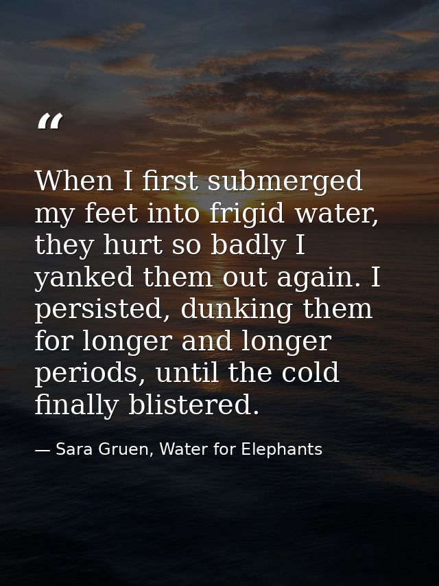 When I first submerged my feet into frigid water, they hurt so badly I yanked them out again. I persisted, dunking them  — Sara Gruen, Water for Elephants