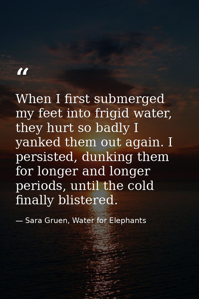 When I first submerged my feet into frigid water, they hurt so badly I yanked them out again. I persisted, dunking them  — Sara Gruen, Water for Elephants