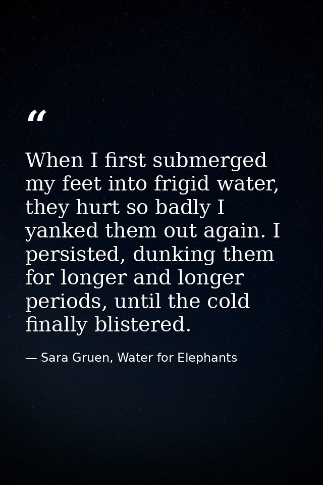 When I first submerged my feet into frigid water, they hurt so badly I yanked them out again. I persisted, dunking them  — Sara Gruen, Water for Elephants
