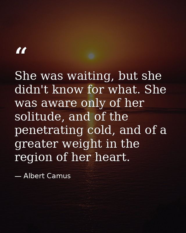 She was waiting, but she didn't know for what. She was aware only of her solitude, and of the penetrating cold, and of a — Albert Camus
