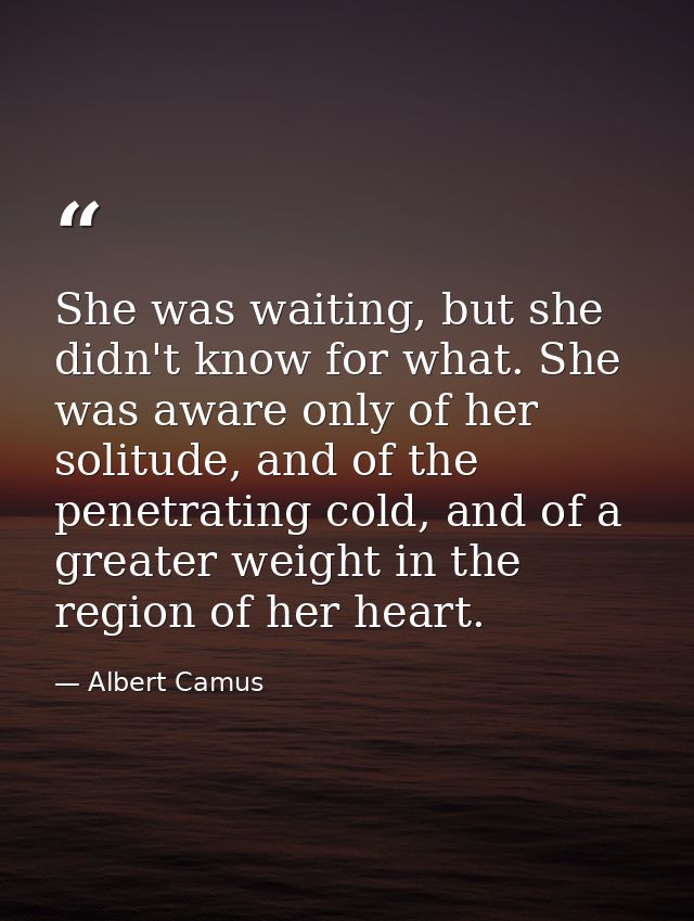 She was waiting, but she didn't know for what. She was aware only of her solitude, and of the penetrating cold, and of a — Albert Camus