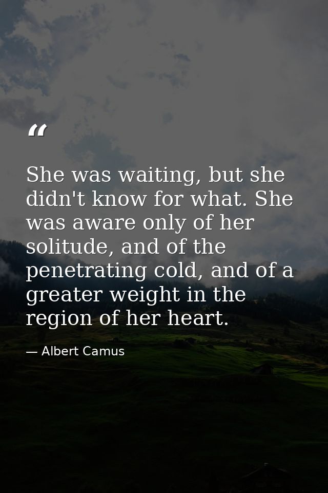 She was waiting, but she didn't know for what. She was aware only of her solitude, and of the penetrating cold, and of a — Albert Camus