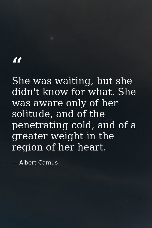 She was waiting, but she didn't know for what. She was aware only of her solitude, and of the penetrating cold, and of a — Albert Camus