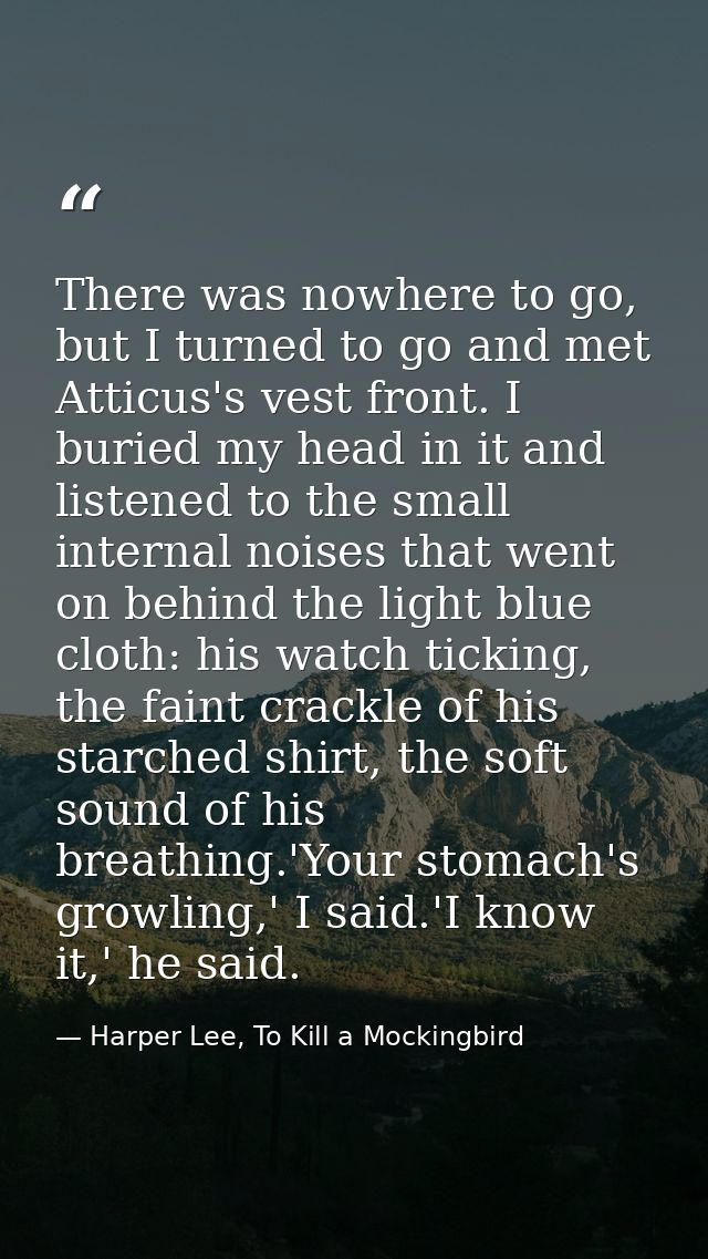 There was nowhere to go, but I turned to go and met Atticus's vest front. I buried my head in it and listened to the sma — Harper Lee, To Kill a Mockingbird