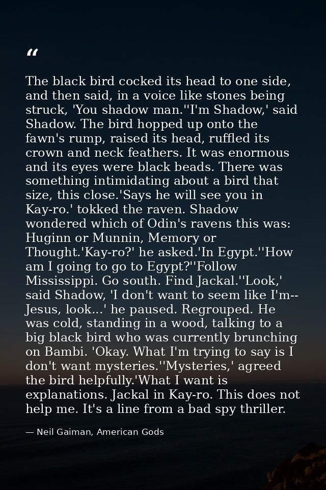 The black bird cocked its head to one side, and then said, in a voice like stones being struck, 'You shadow man.''I'm Sh — Neil Gaiman, American Gods
