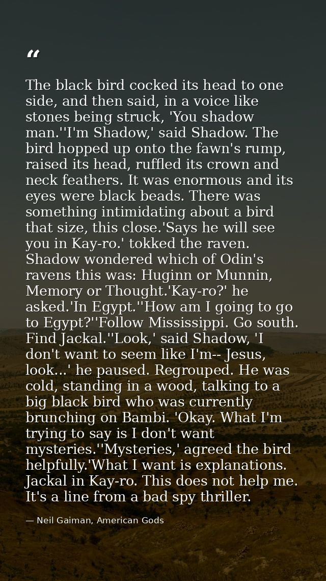The black bird cocked its head to one side, and then said, in a voice like stones being struck, 'You shadow man.''I'm Sh — Neil Gaiman, American Gods