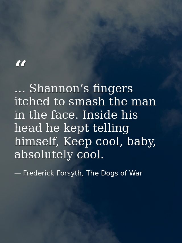 … Shannon’s fingers itched to smash the man in the face. Inside his head he kept telling himself, Keep cool, baby, absol — Frederick Forsyth, The Dogs of War