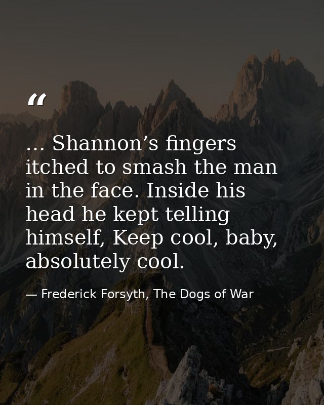 … Shannon’s fingers itched to smash the man in the face. Inside his head he kept telling himself, Keep cool, baby, absol — Frederick Forsyth, The Dogs of War