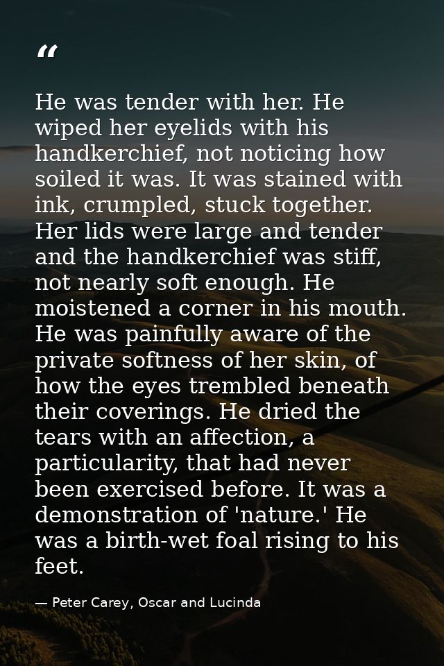 He was tender with her. He wiped her eyelids with his handkerchief, not noticing how soiled it was. It was stained with  — Peter Carey, Oscar and Lucinda
